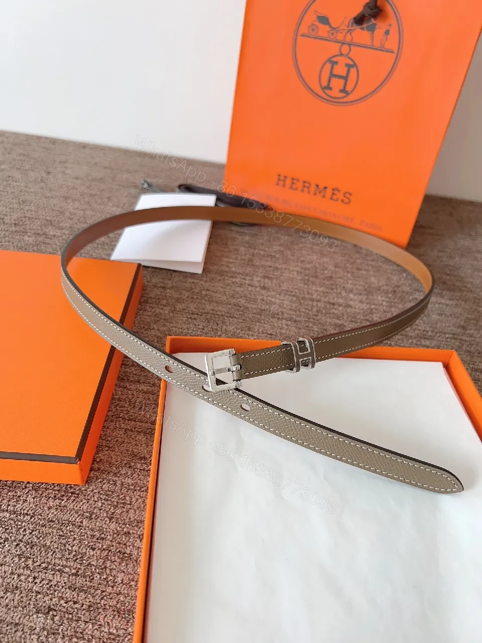 View 5 of Taupe Leather Belt - Slim, Minimalist, Durable, Quiet Luxury Belt