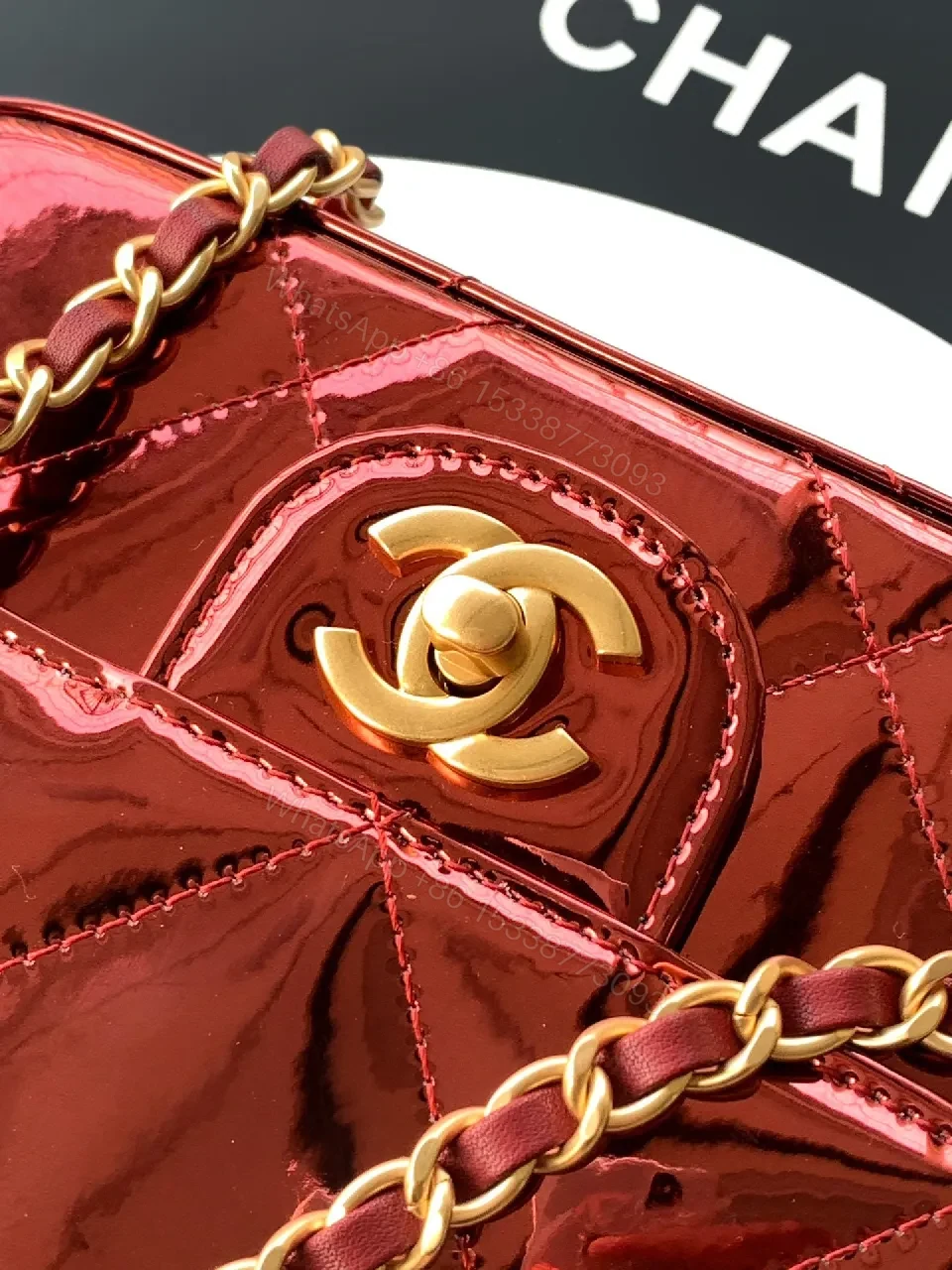 View 5 of Quilted Burgundy Mini Bag, Gold Clasp, Chain Crossbody