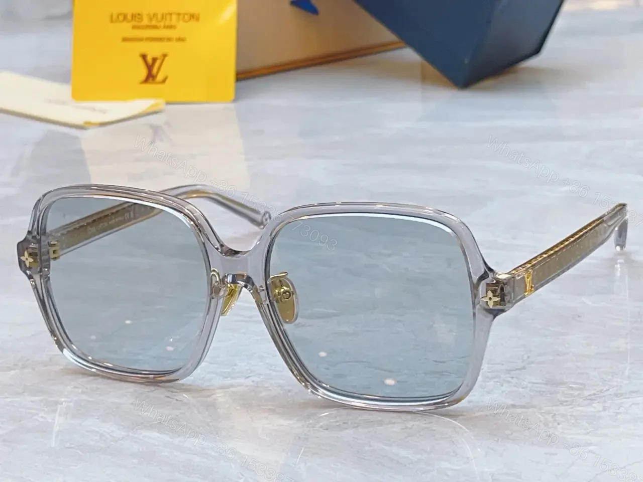 View 2 of Gray Glossy Square Sunglasses Gradient Lenses, Metal Accents, Luxury Style, Louis Vuitton Temples (No Brand Details)