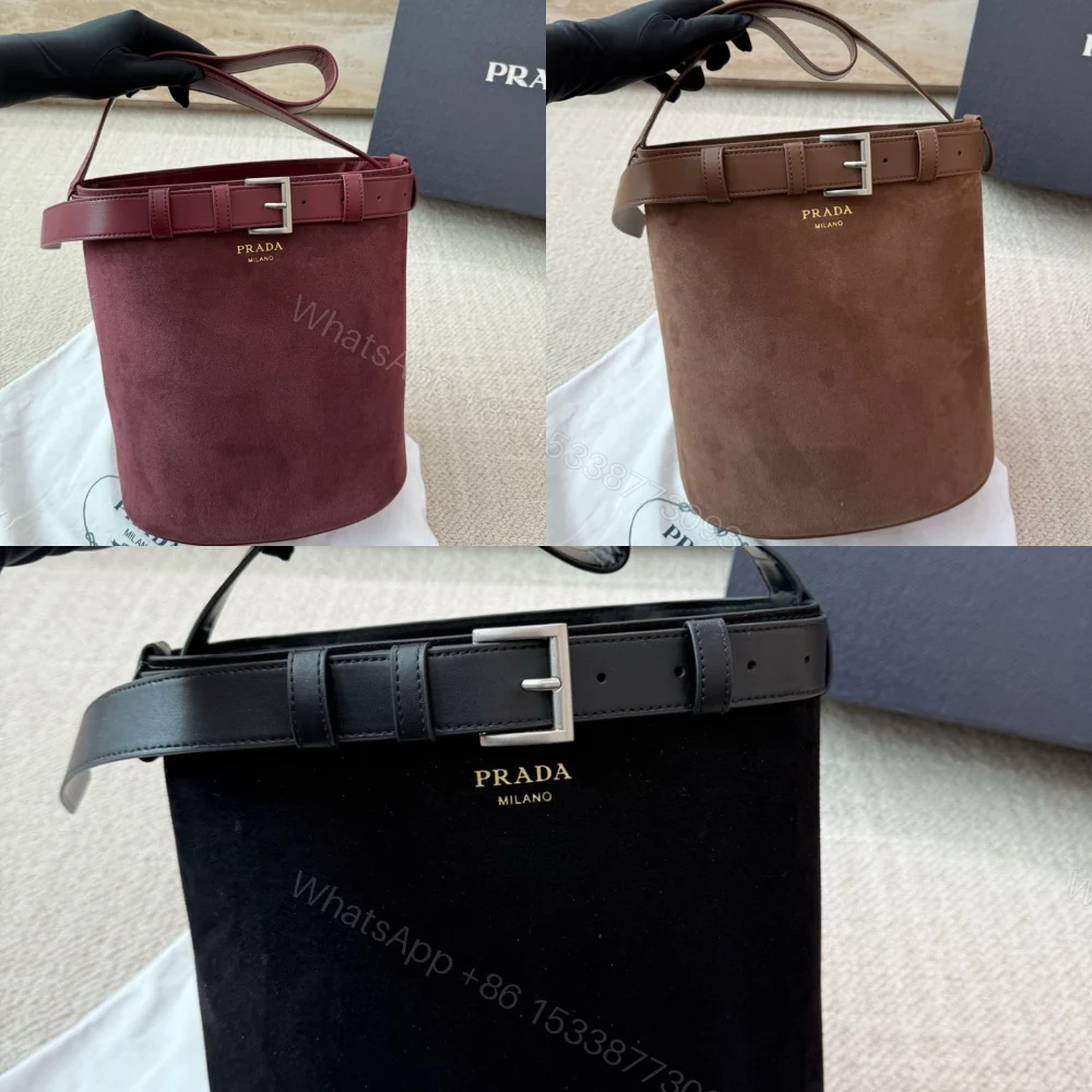 View 11 of Prada Suede Buckle Bucket Bag With Belt Brown 28Cm