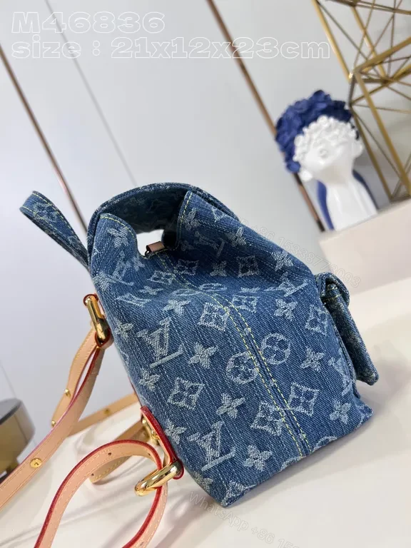 View 7 of Blue Denim Monogram Backpack - Gold Hardware, Imitation LV Style