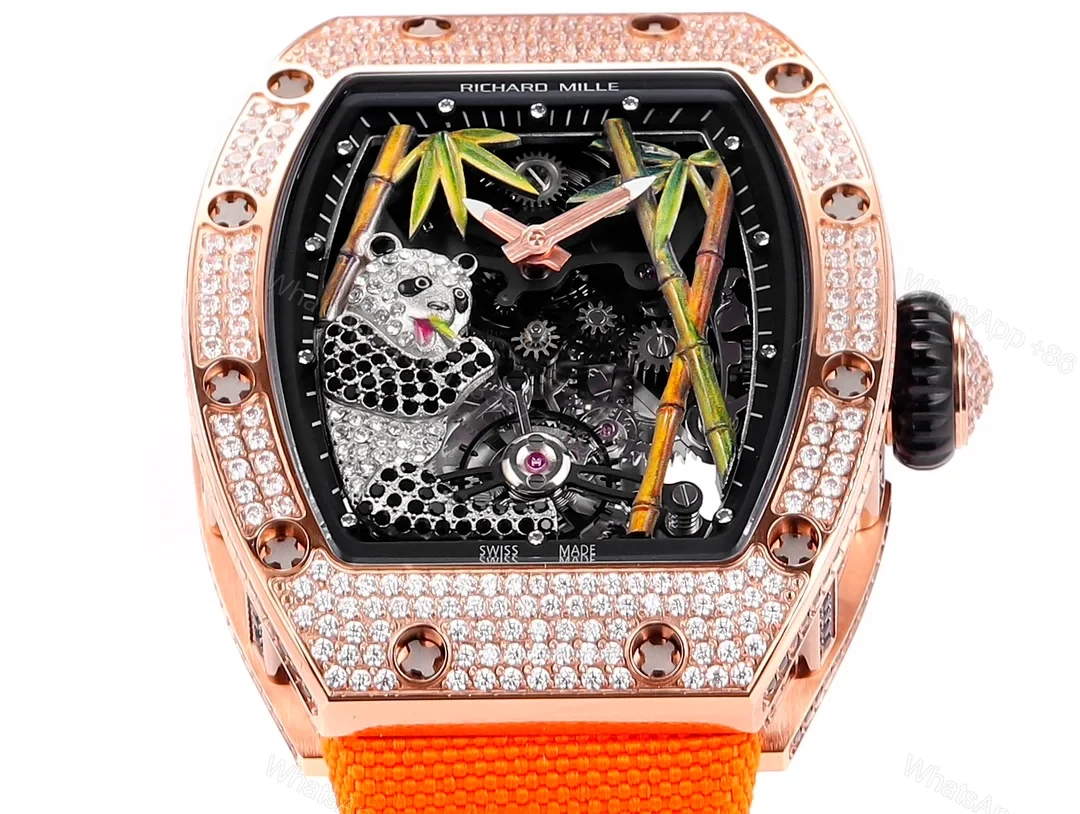 View 4 of Richard Mille RM26-01 Panda Tourbillon Watch Orange Strap Full Diamond Panda Art Dial 18K White Gold National Treasure Mechanical Edition RM26-01-PND-ORS