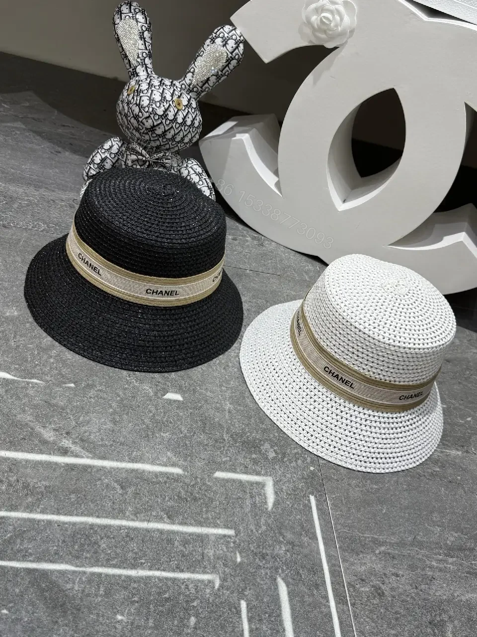 View 9 of Black/White Beigewide Fedora Hat with Chanel Band, Straw