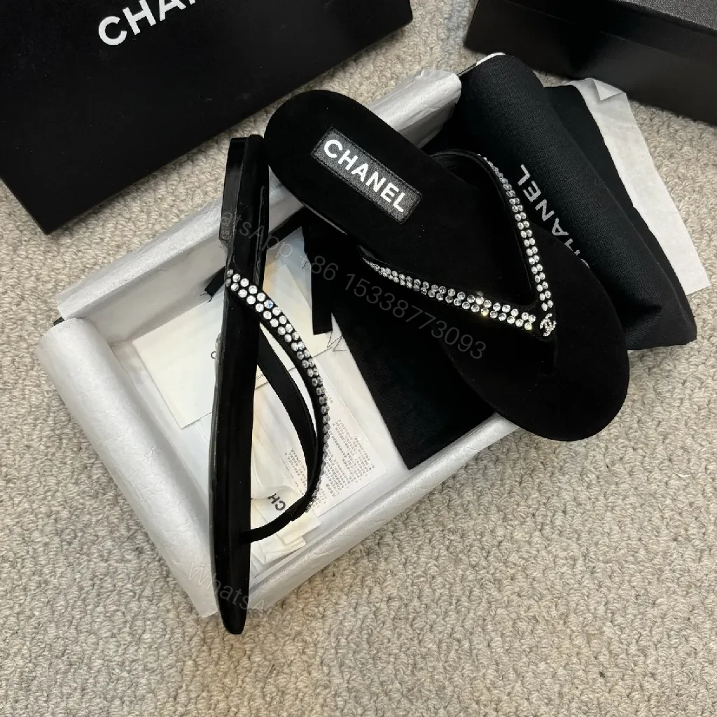 View 5 of Velvet-Embellished Crystal Flip-Flops: Luxe Black Comfort