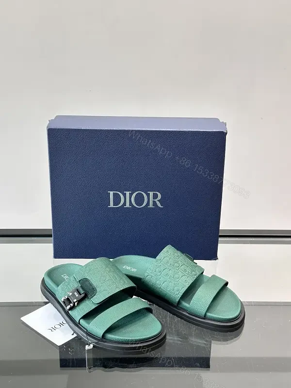 Green Leather Slide Sandals Minimalist Style with Buckle Feature Sandals — view 1