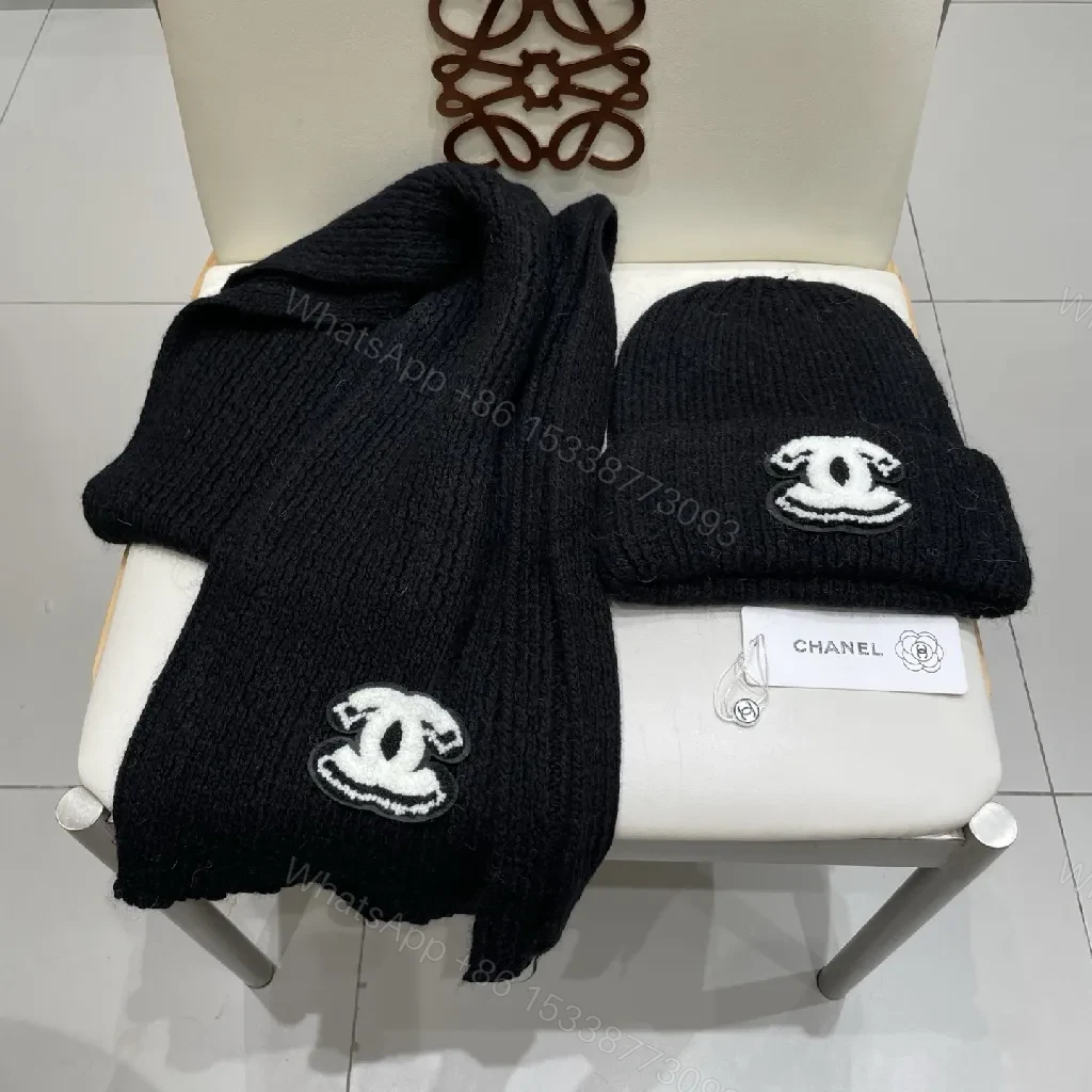 View 5 of Luxe Black Knit Set: Beanie & Scarf with Emblem