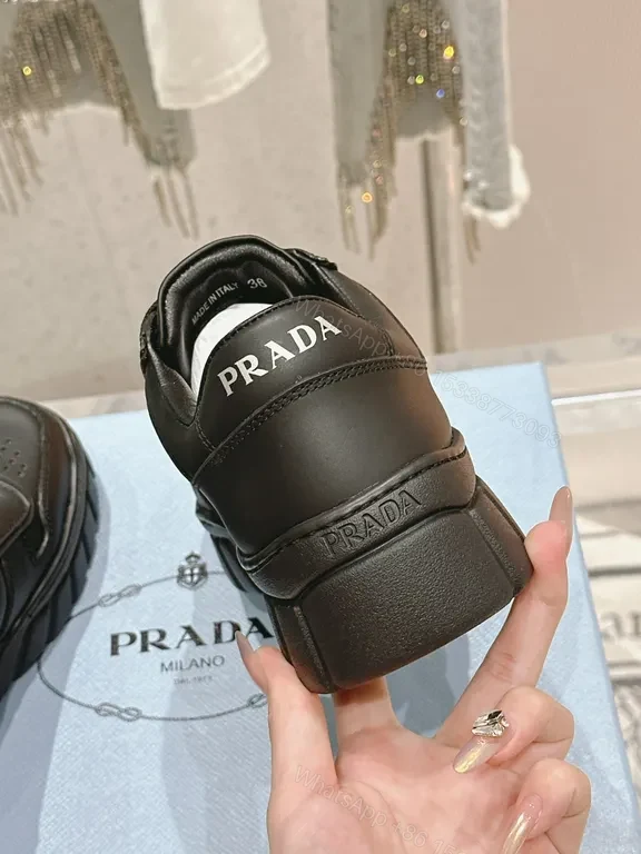 View 5 of Black Leather Lace-Up Sneakers with Prada-Inspired Logo