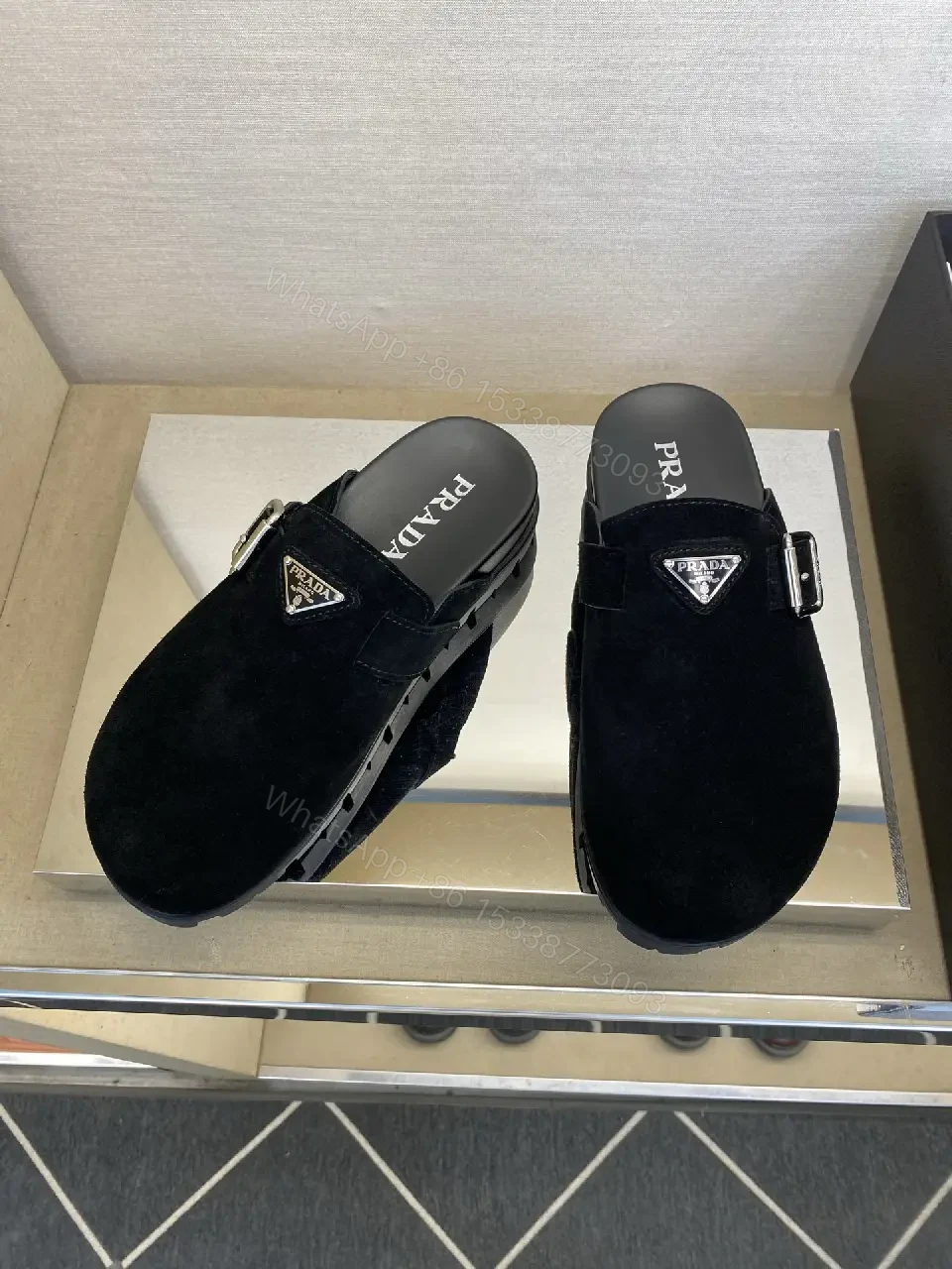 View 5 of Black Suede Prada Mule Slippers with Silver Buckle
