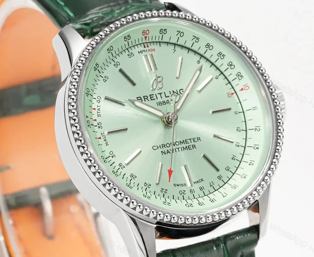 View 5 of OM Factory Breitling Women’s Navitimer Automatic Watch – Green Dial, Green Leather Strap, 35mm Stainless Steel Case