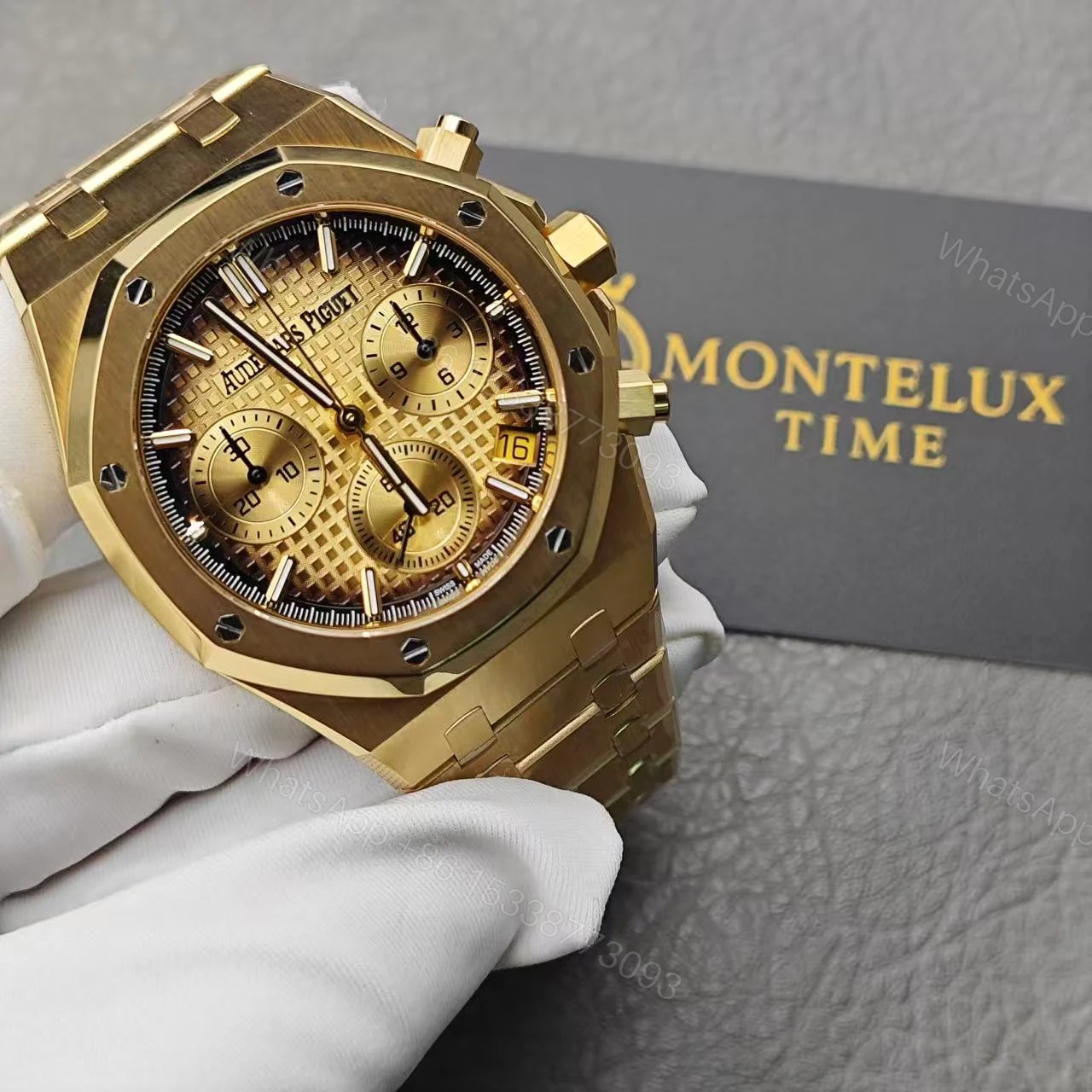 View 2 of Replica Swiss Audemars Piguet Royal Oak Chronograph Yellow Gold & Smoked Champagne Dial 41mm