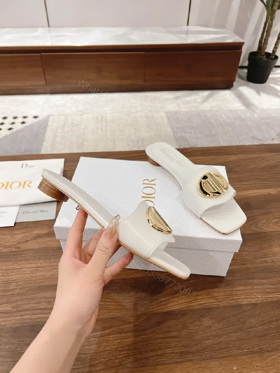 View 7 of White Leather Slide Sandals Gold Heart Buckle Dior Style Comfortable Sandals