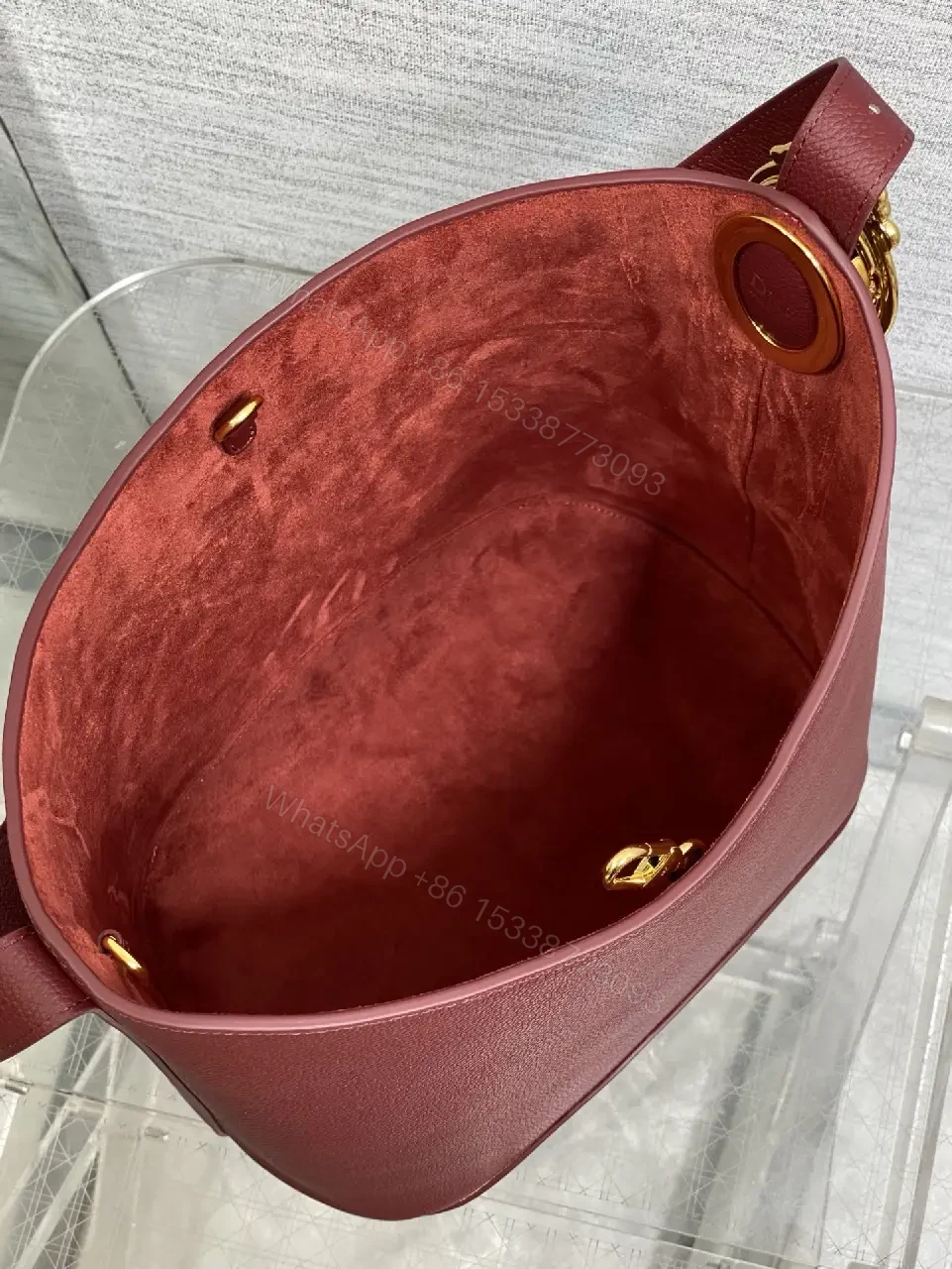 View 8 of Burgundy Pebbled Leather Handbag, Gold Hardware, Dior Monogram Detachable Cardholder Strap