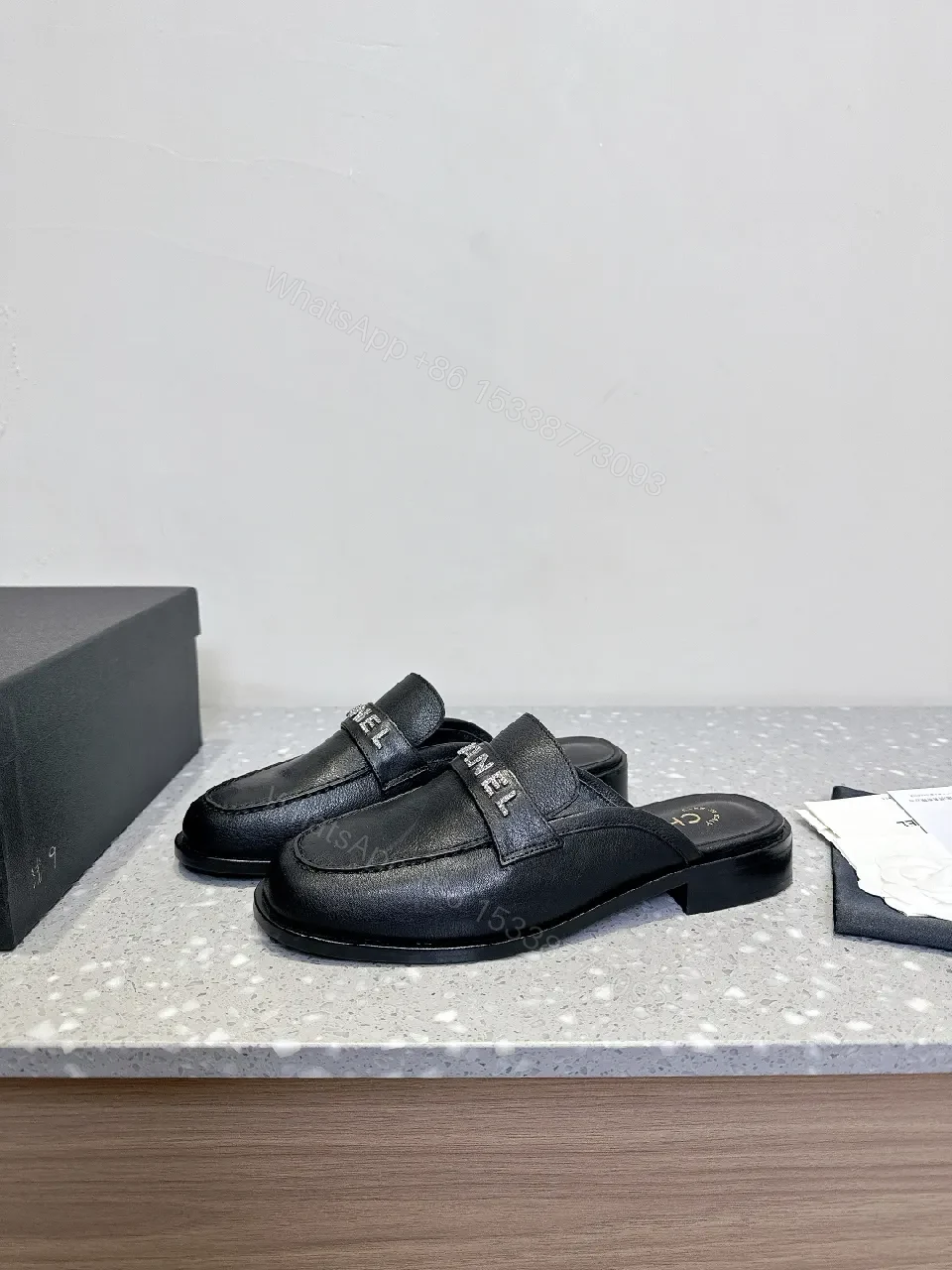 View 4 of Black Leather Slides - Chic, Designer-Inspired, Cushioned Comfort