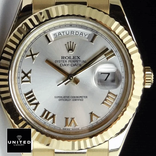 View 7 of Rolex Day-Date II Collection Gold Silver White Dial 218238 Replica