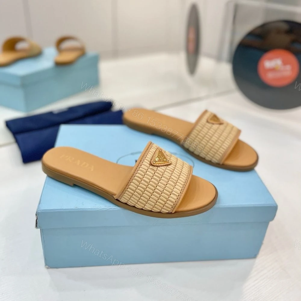 View 2 of Prada Leather Slides With Crochet Details Natural