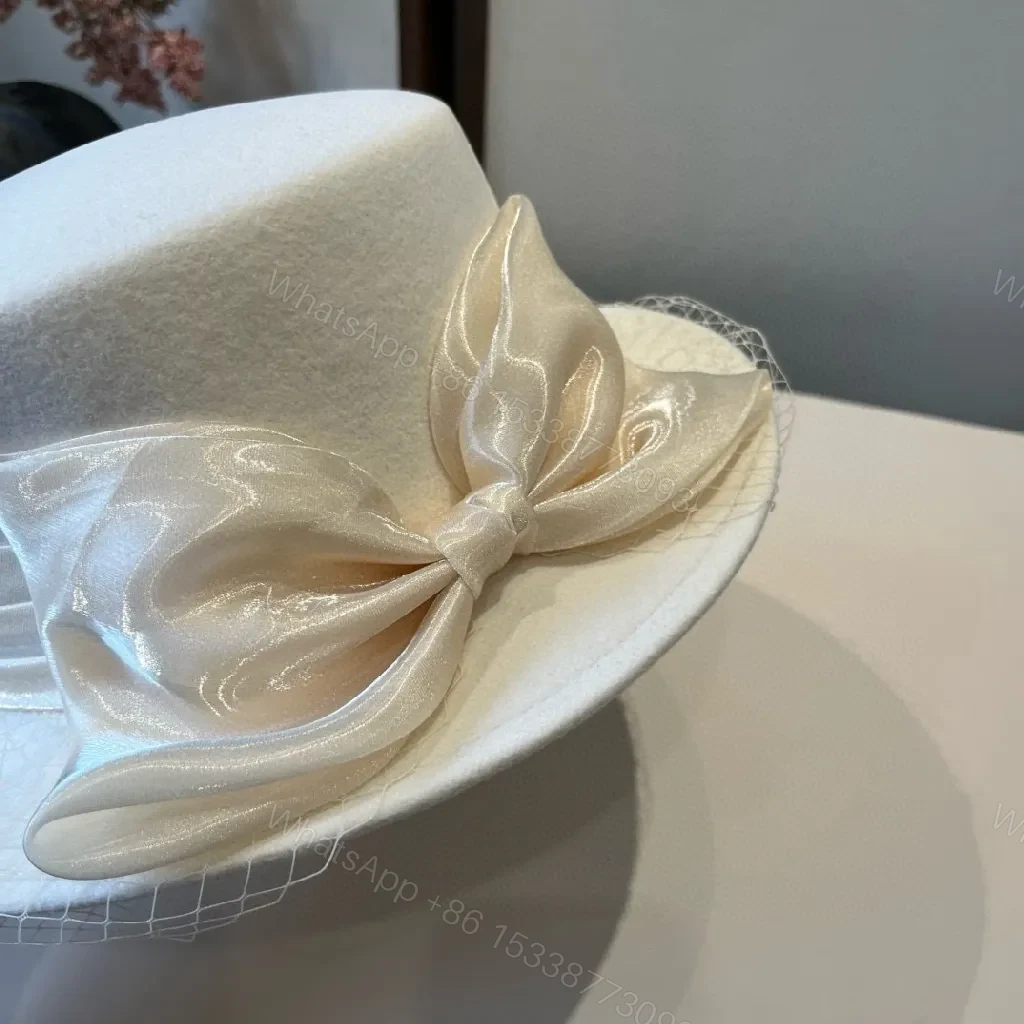 View 8 of Ivory Felt Fedora with Veil & Emblem Accent