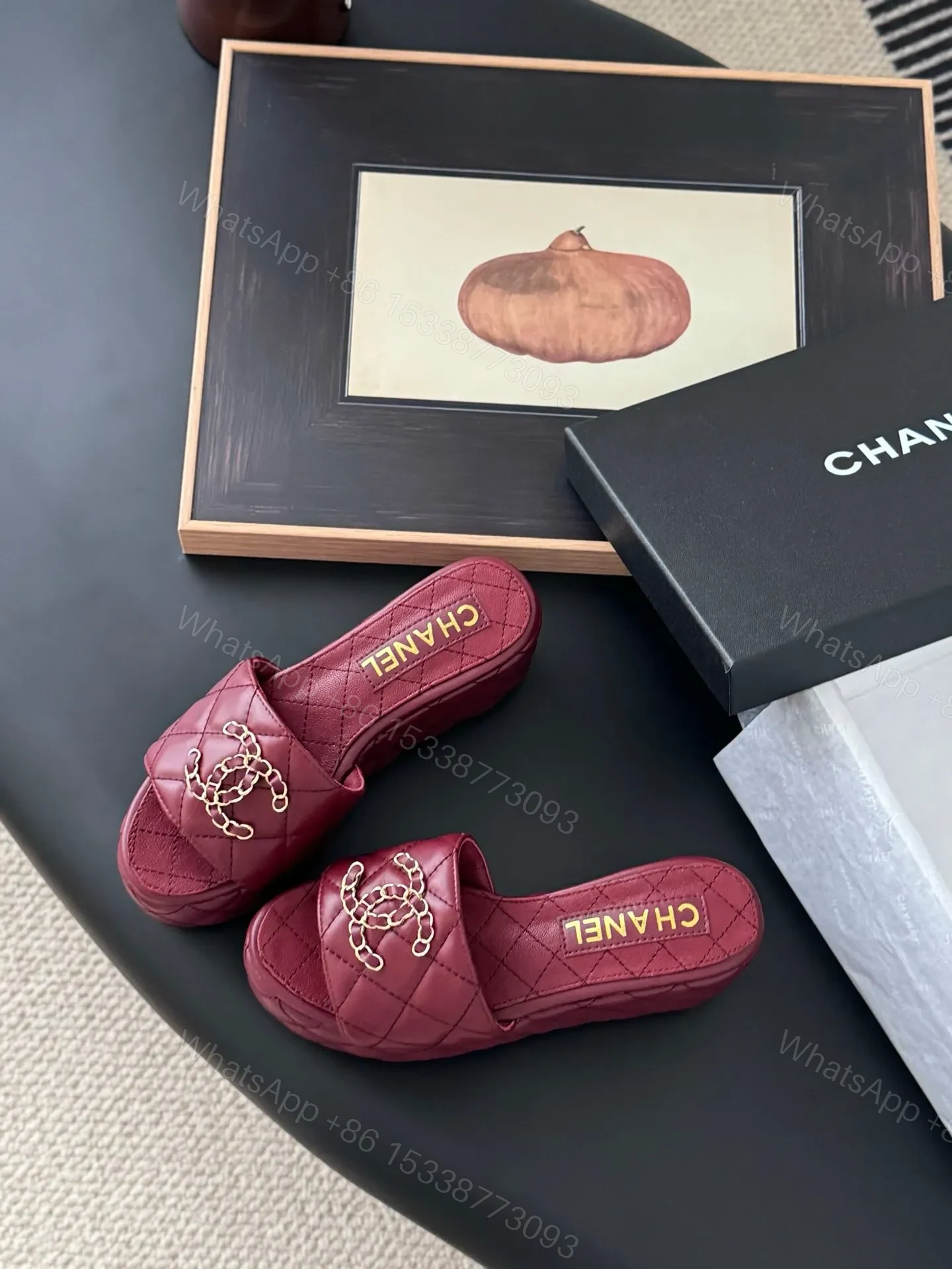 View 5 of Chanel Women Burgundy Quilted Leather Slides