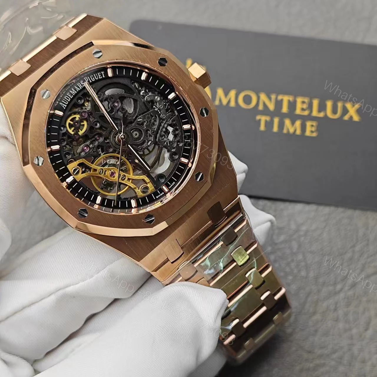 View 4 of Audemars Piguet Royal Oak Skeleton Rose Gold Ref15407 Super Clone Replica