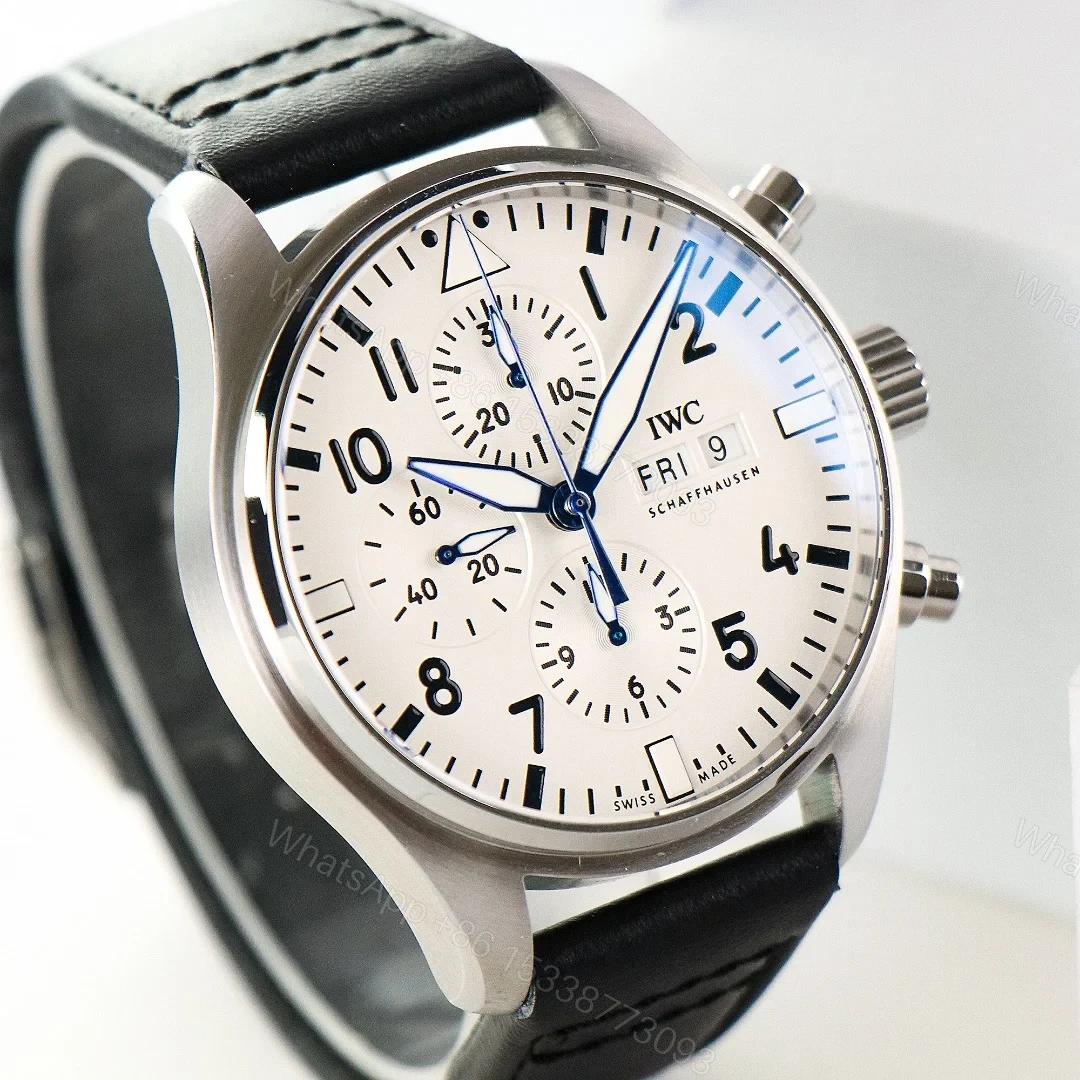 View 2 of IWC Pilot Chronograph White Replica 43MM Premium Steel Case Black Leather Strap Edition IWC-PILOT-CHR-WHT43-LTH