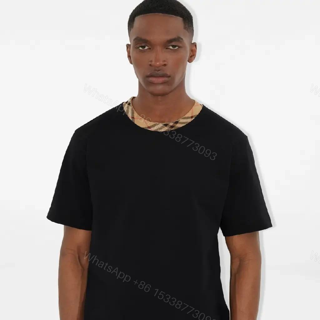 View 4 of Black Cotton T-shirt Plaid Neckline Detail Short Sleeve Tee