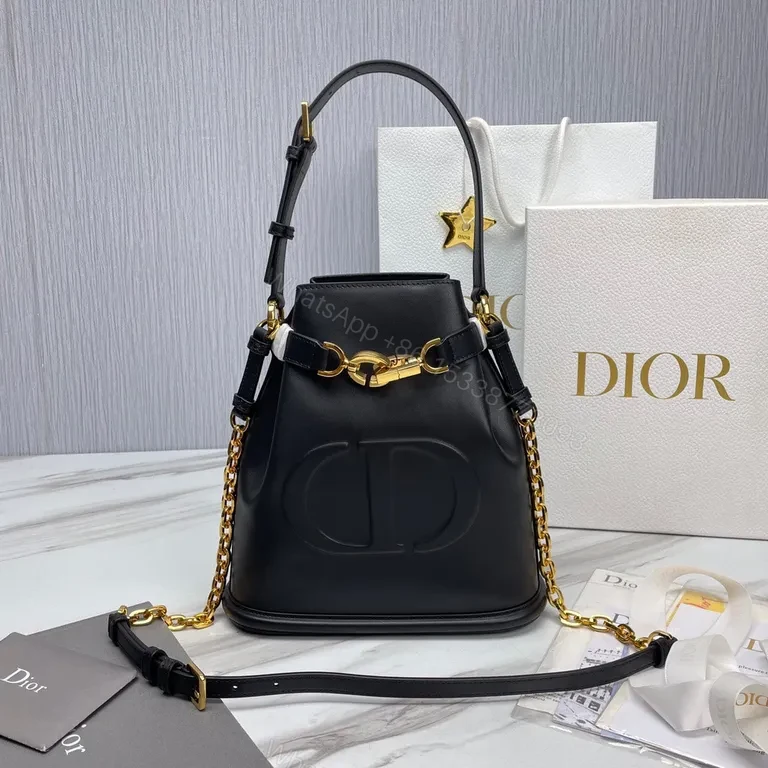 Lux Black Leather Bucket Bag with Gold Hardware - Dior-Inspired Elevation — view 1