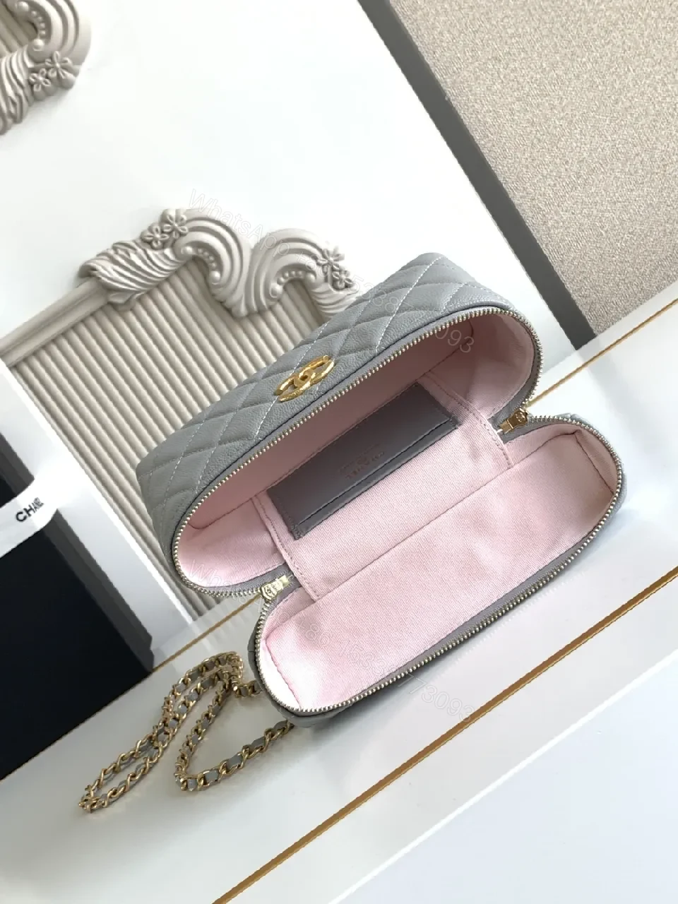 View 7 of Quilted Crossbody Bag with Gold Logo, Gray, Luxe Style