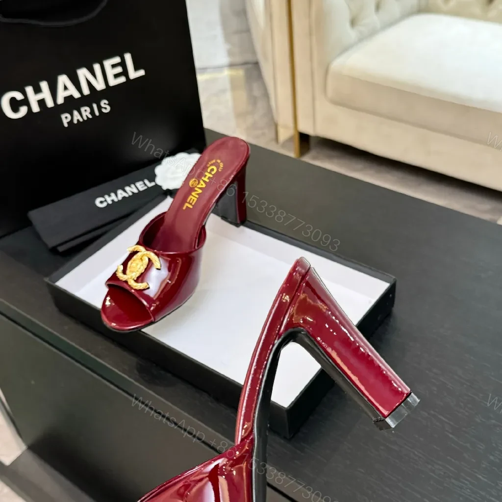 View 8 of Red Patent Mule with Gold Chain - Lux Open-Toe Style Mule