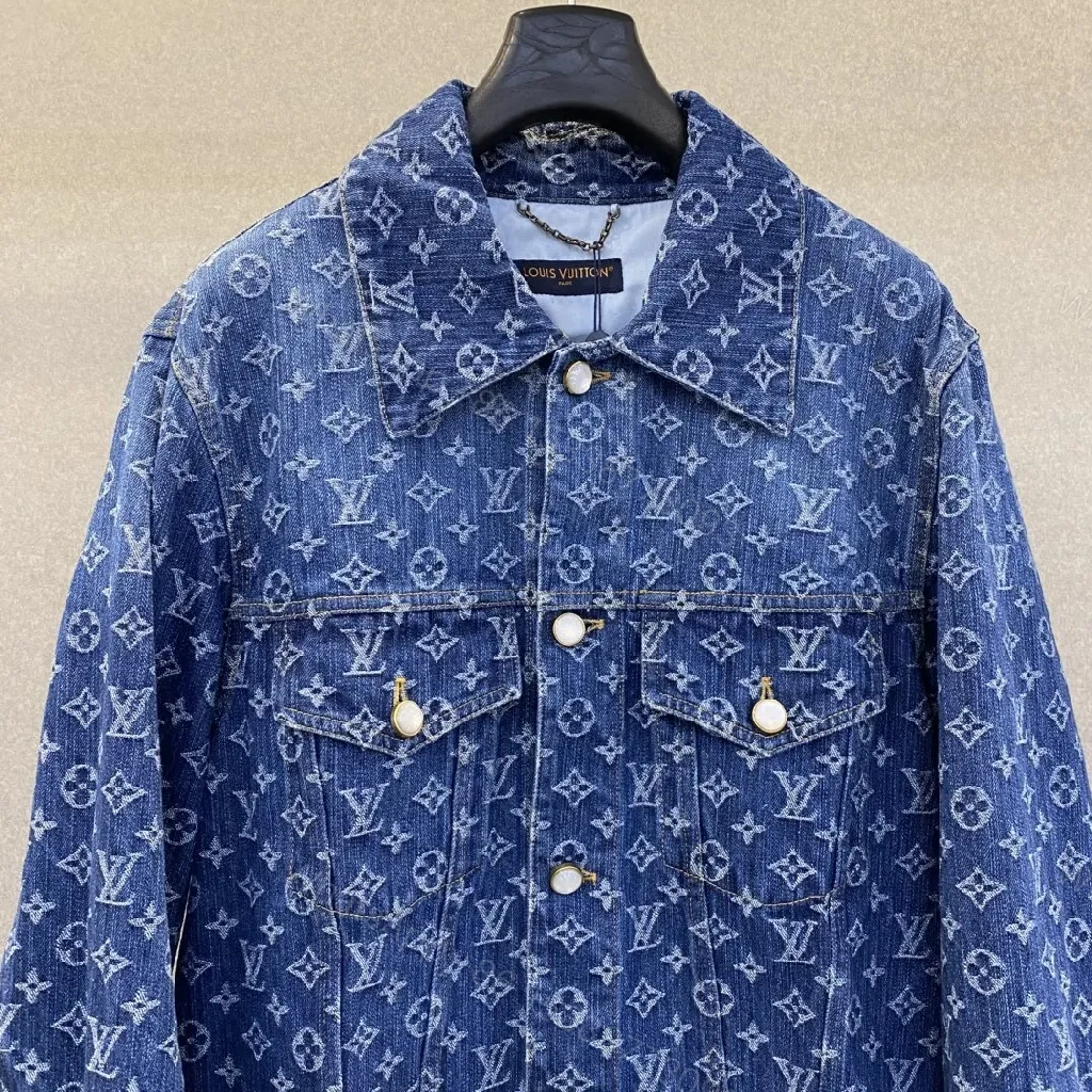 View 3 of Indigo Denim Trucker Jacket with Monogram Detail