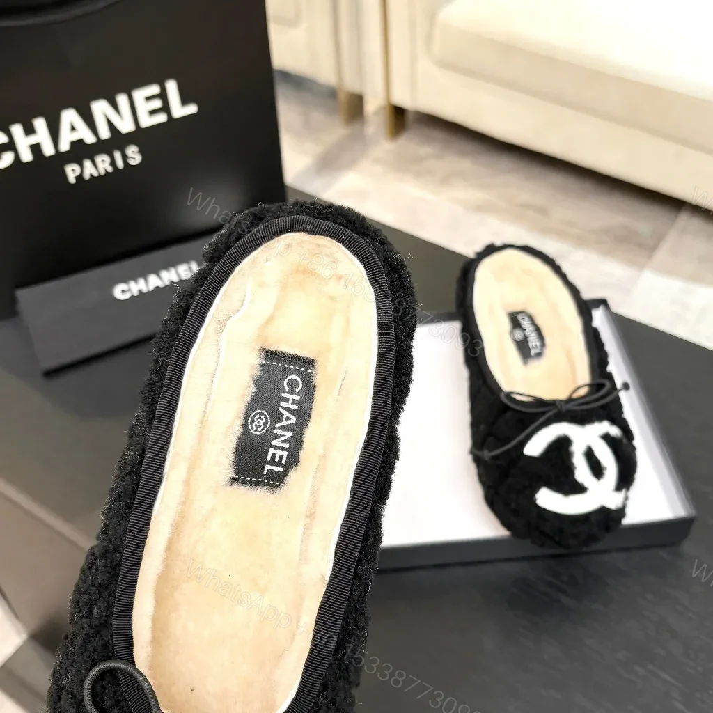 View 7 of Black Shearling Slippers with Logo Accent, Luxe Knit Sole