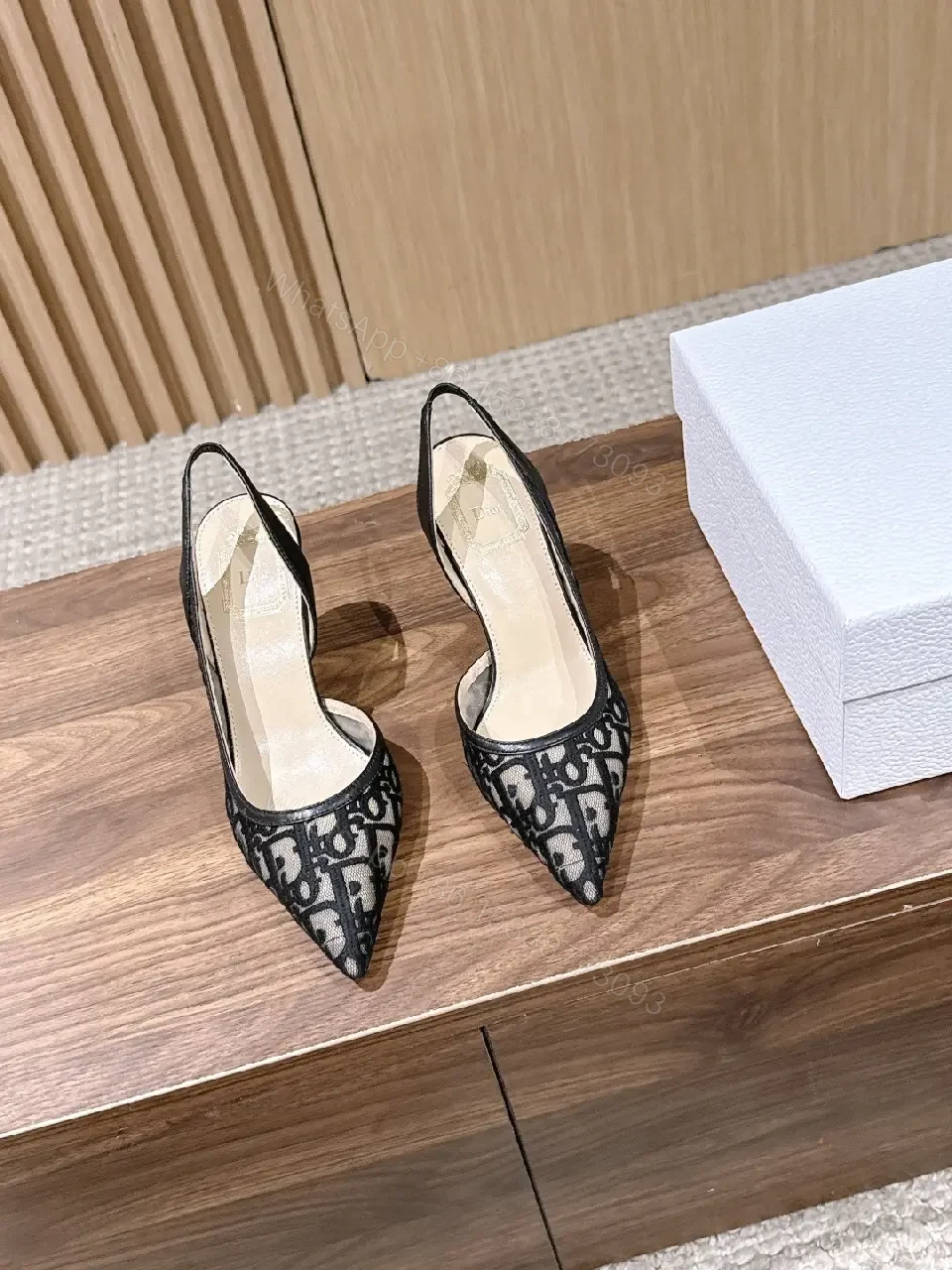 View 4 of Black Denim Slingback Heels Dior-inspired Pattern Pointed Toe Slide Slingback Heels