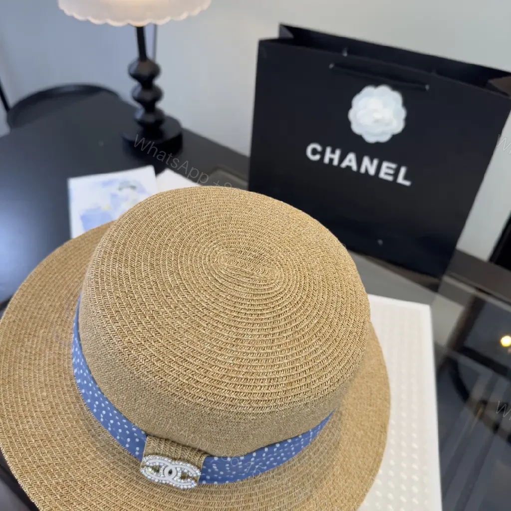 View 10 of Natural Tan Straw Boater Hat with Blue Polka Dot Band and Chanel Clasp