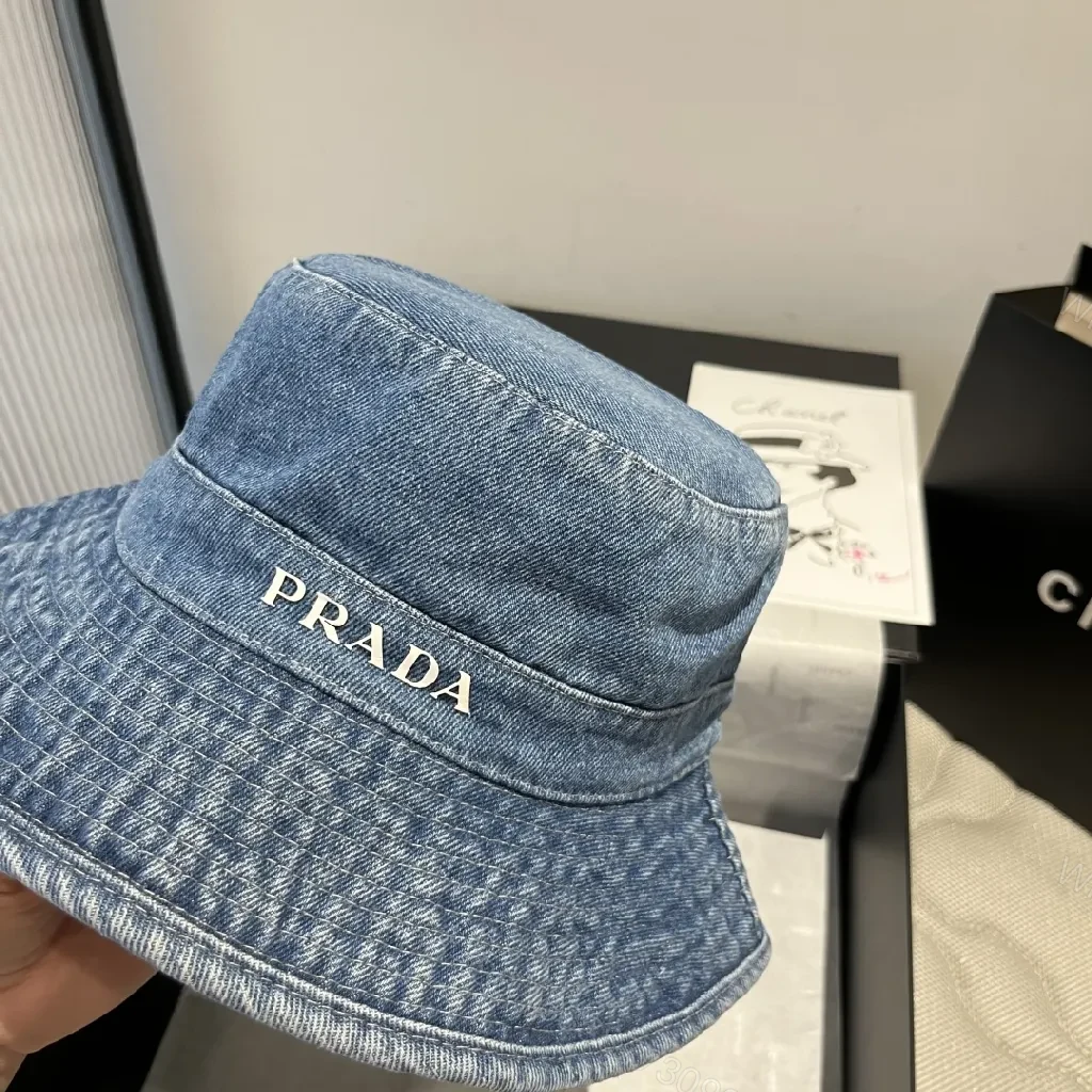 View 3 of Denim Bucket Hat with Lux Logo Detail - Essentials Style