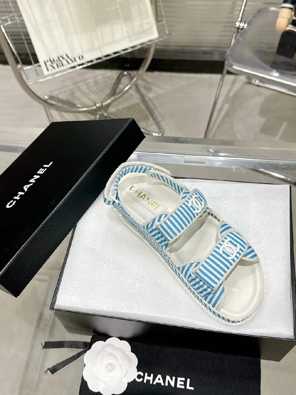 View 4 of Blue Striped Velcro Sandals - Luxe Casual Footwear