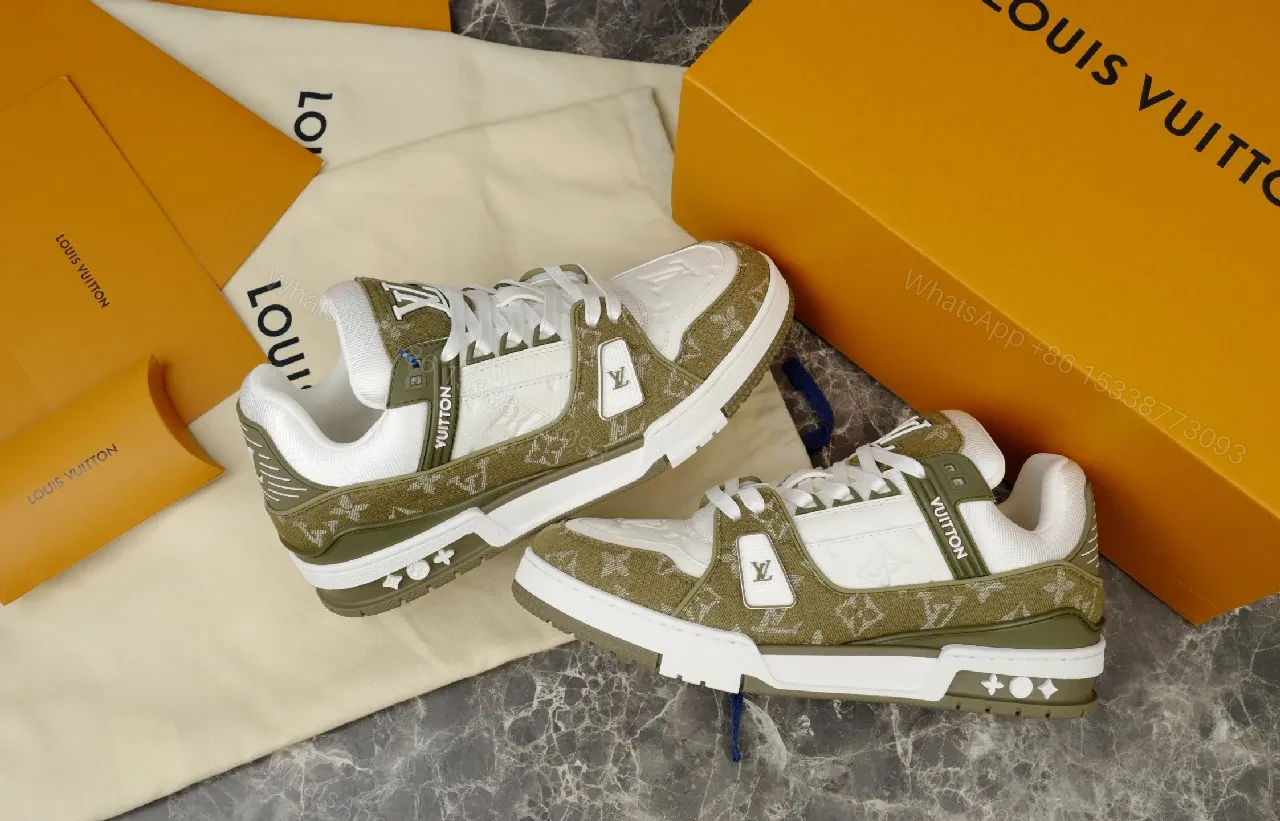 View 2 of Beige Leather High-Top Sneaker with LV Motif and Strap