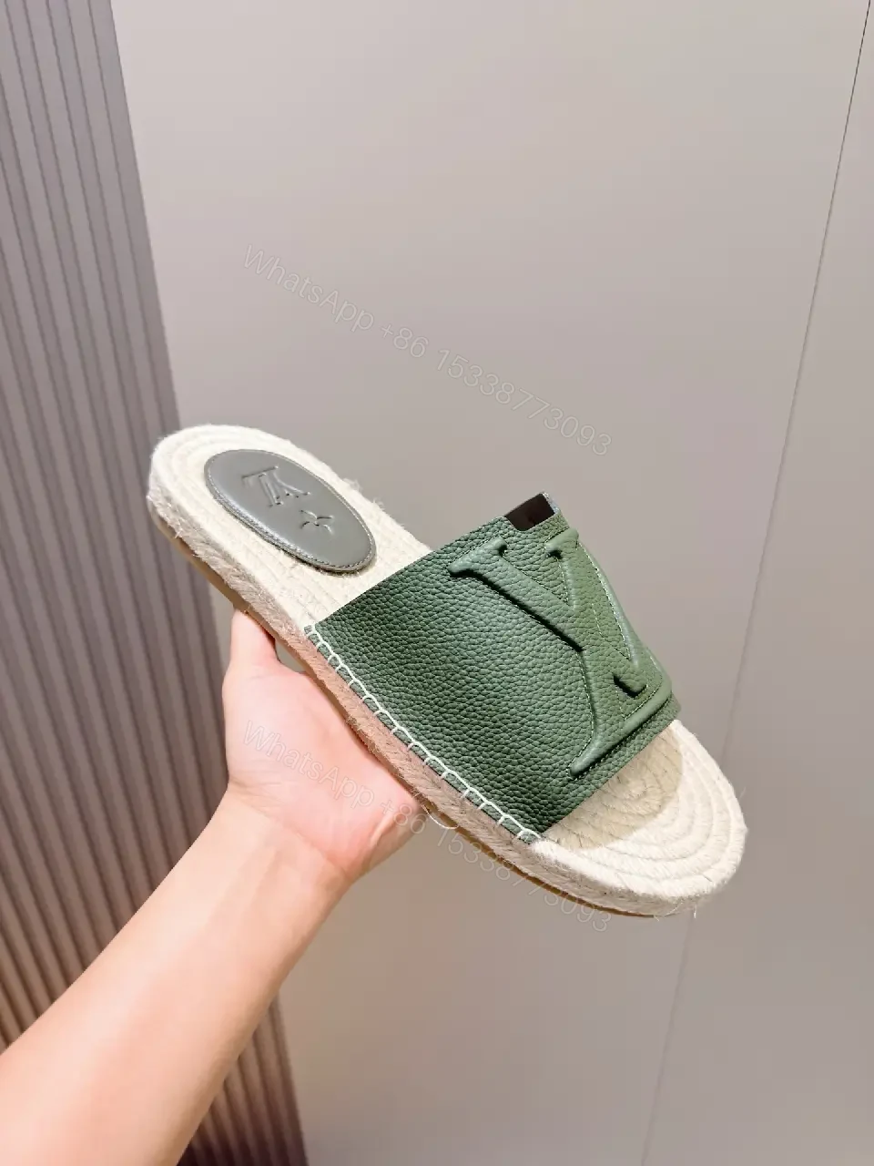 View 2 of Patterned Leather Slides – Embossed Crest, Contoured Comfort, Luxury Style