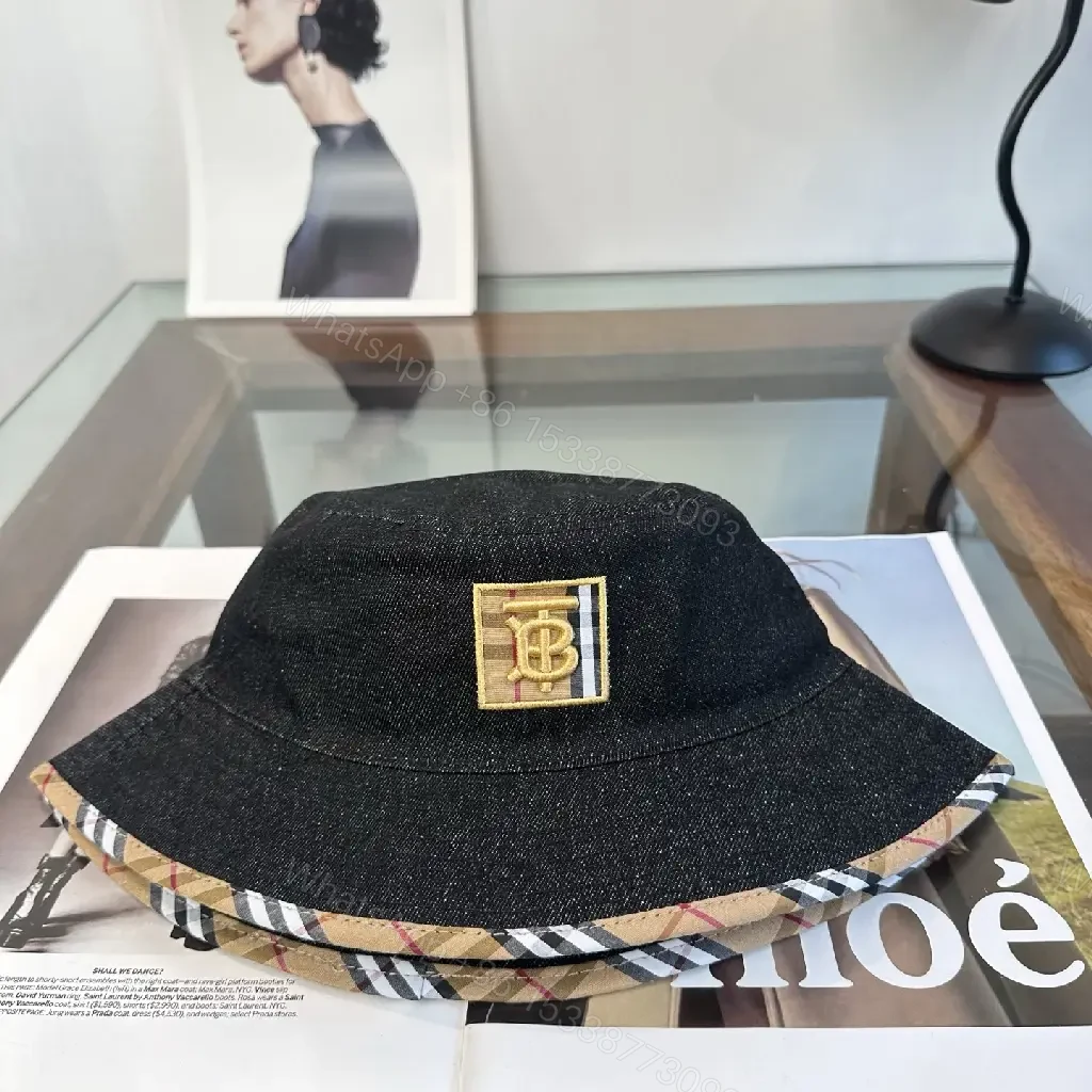 View 6 of Dark Black Denim Bucket Hat with Burberry-Style Band and Gold Emblem