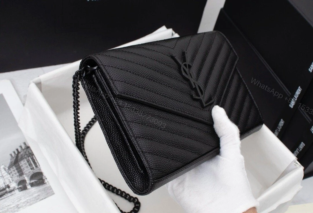 View 8 of Saint Laurent Matelasse Grain de Poudre Matte Black Monogram Chain Wallet