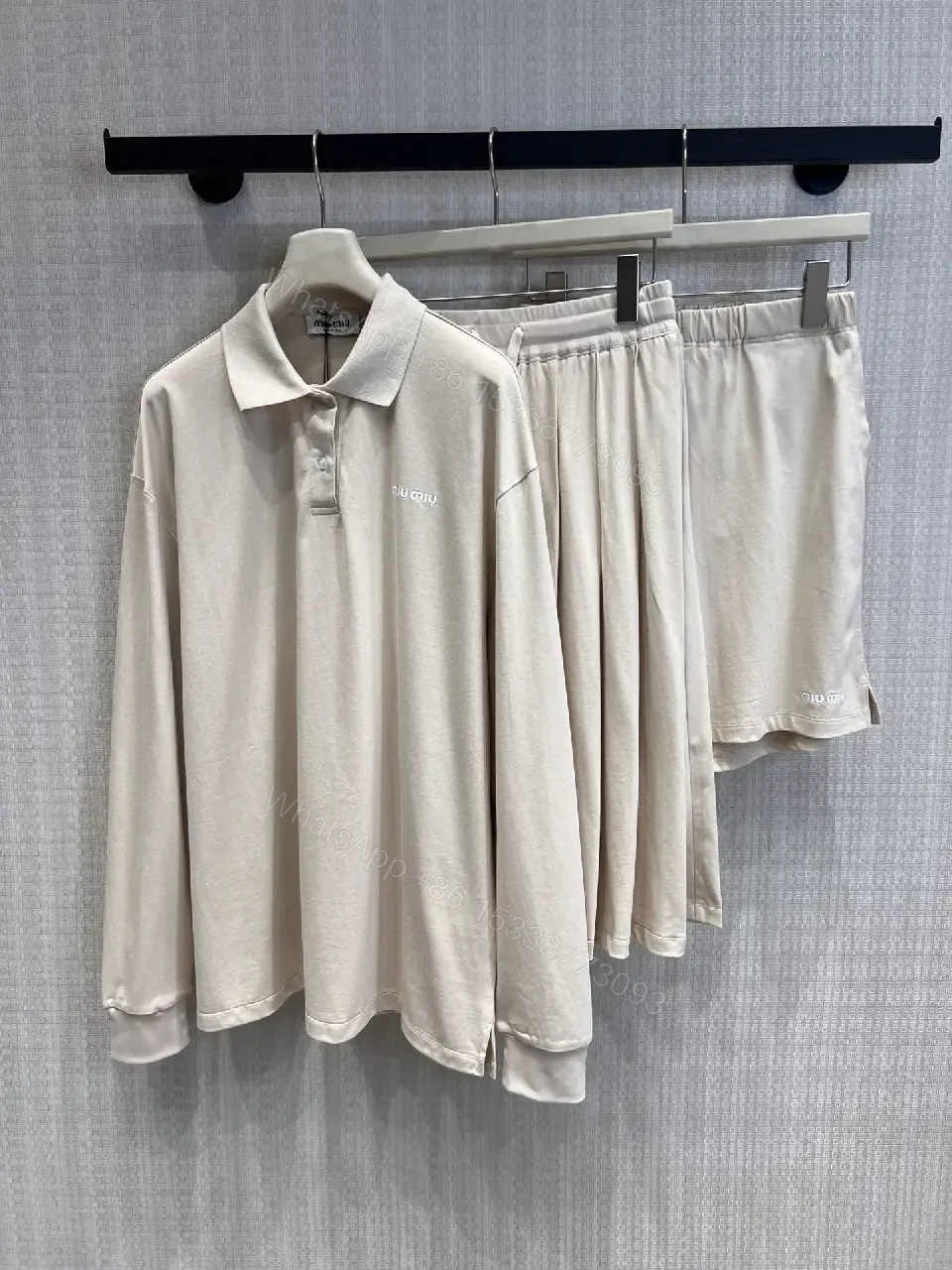 View 3 of Gray Cotton Shorts with Elastic Waist, Casual Style, Miu Miu Logo