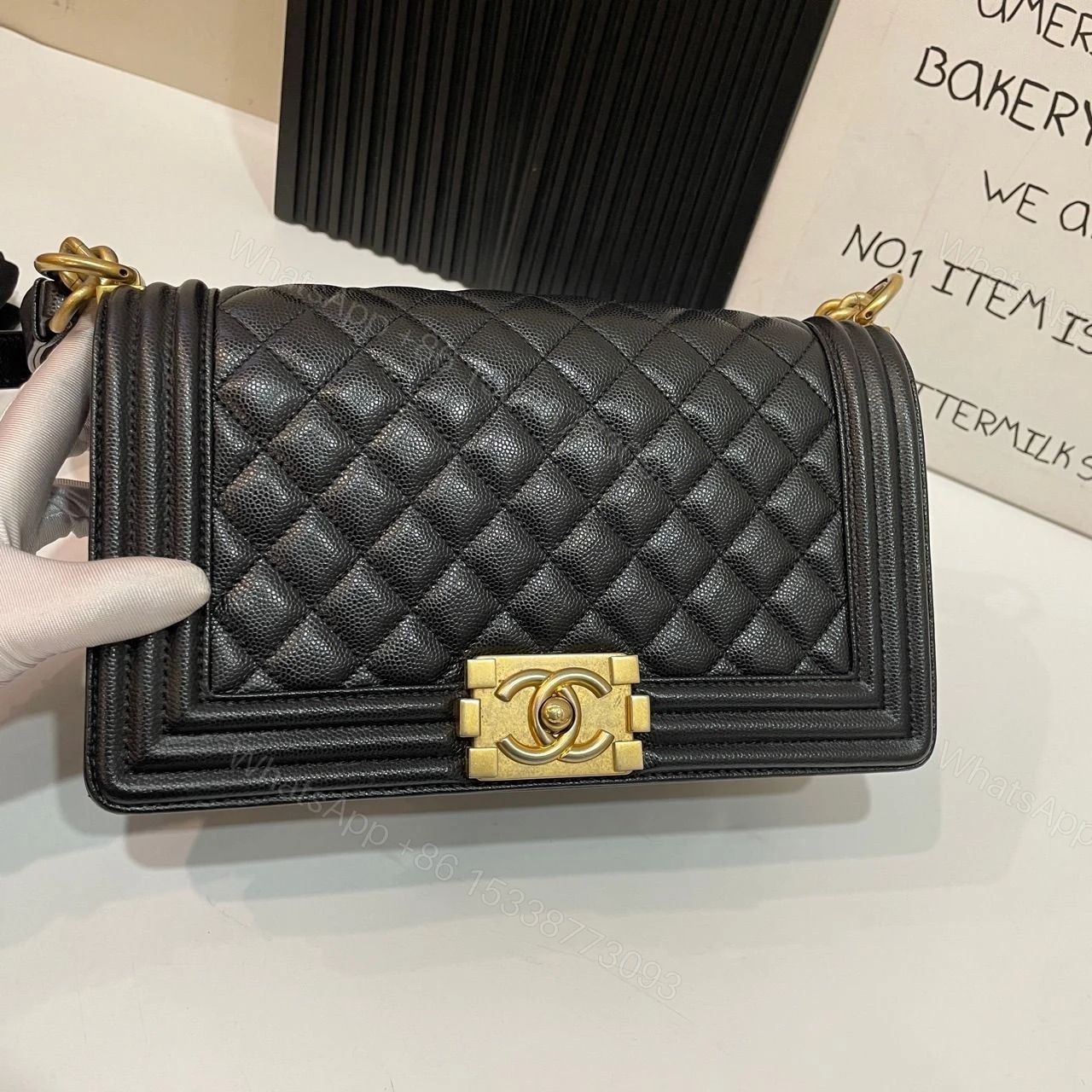 View 3 of Chanel Boy Handbags Pebbled Leather Black 25.5cm