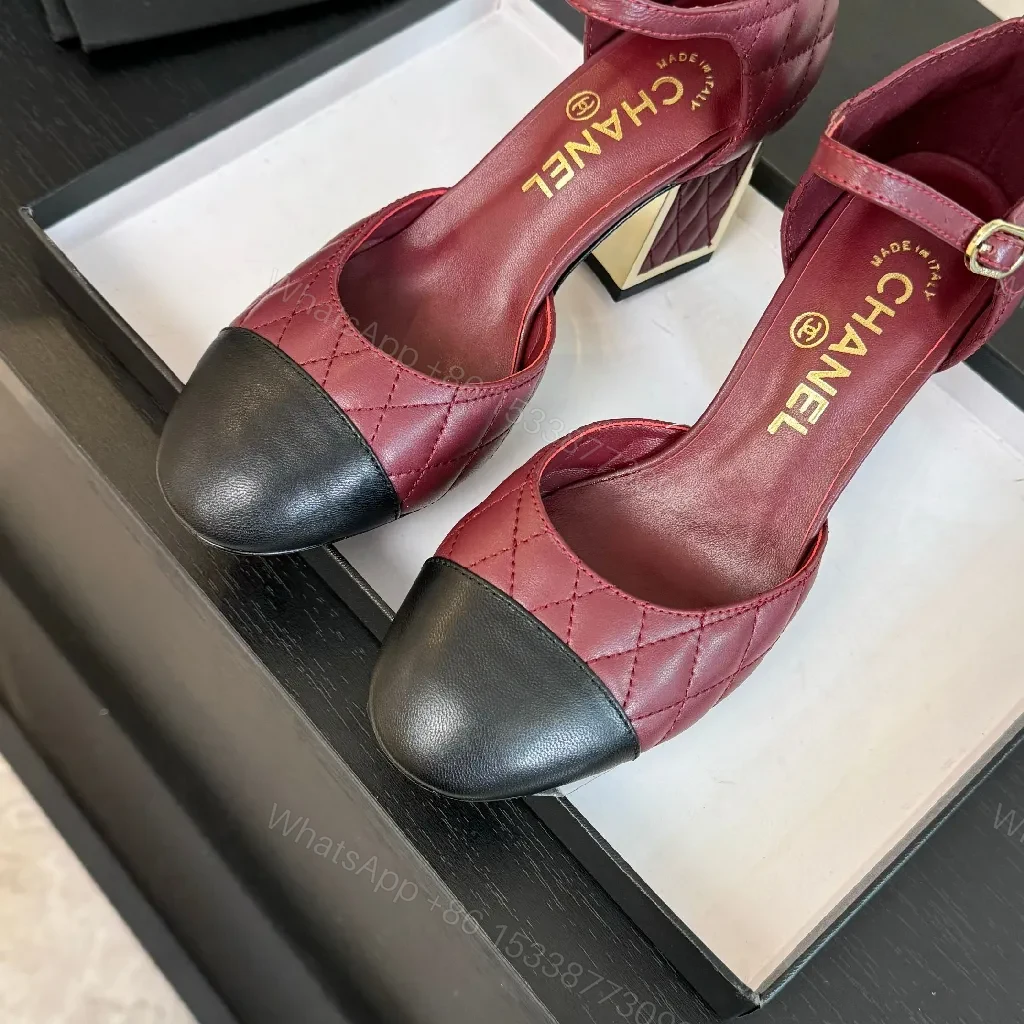 View 2 of Two-Tone Burgundy Quilted Mary Jane Heels with Black Cap Toe