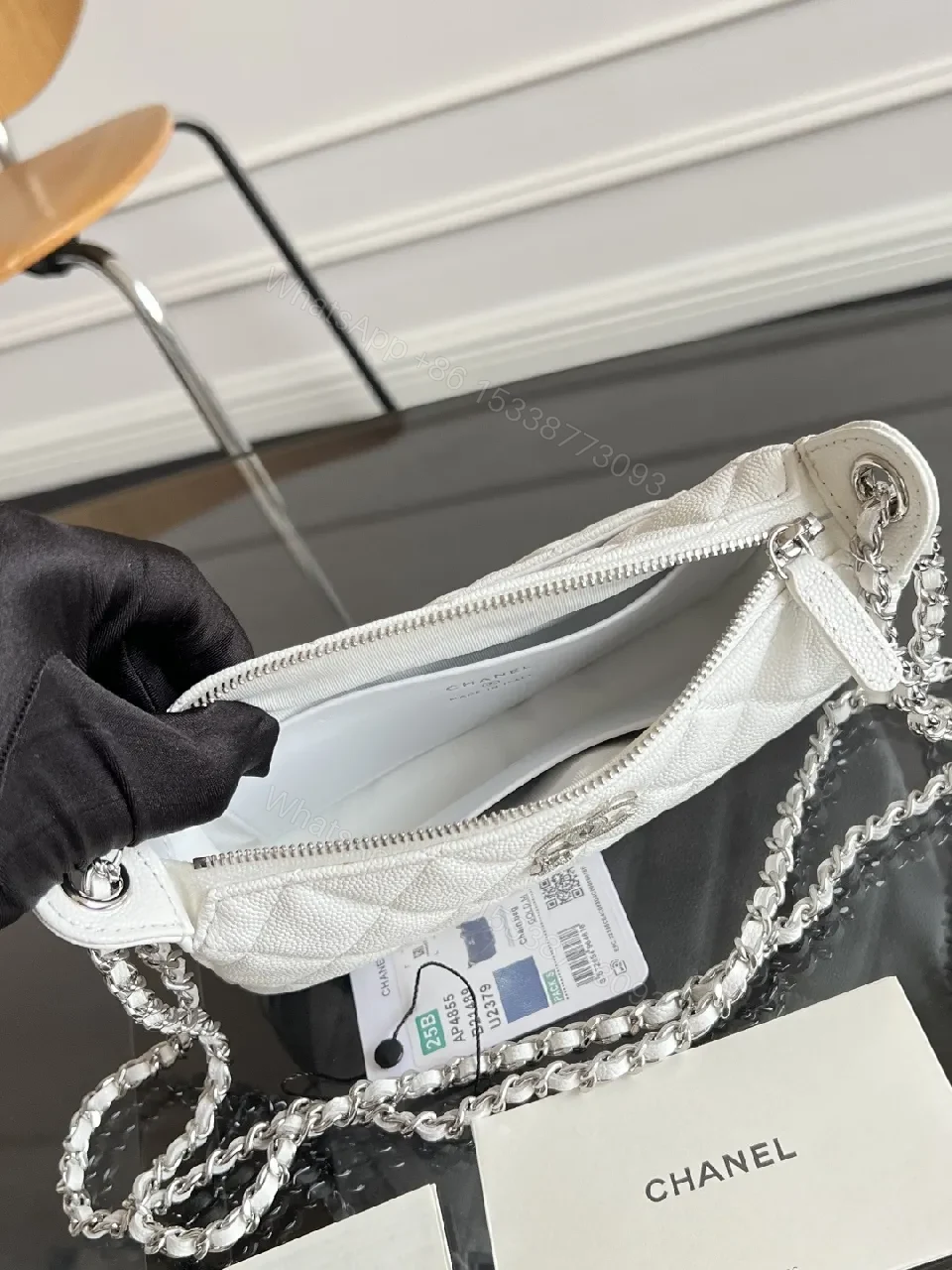 View 3 of Quilted White Mini Bag with Silver Chain - Luxe Compact Style