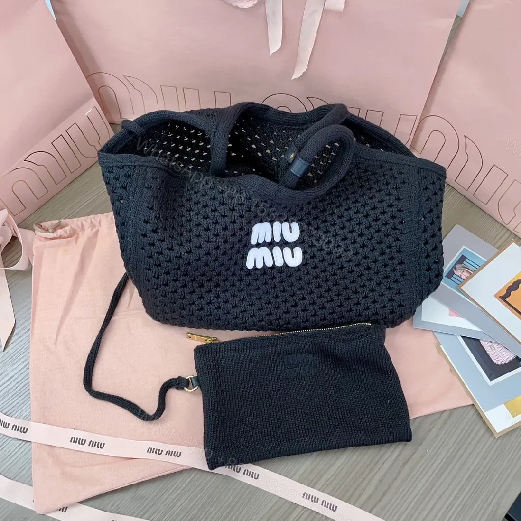 View 3 of Black Crochet Tote, Fine Knit, Minimalist, Logo Embroidery Tote Bag