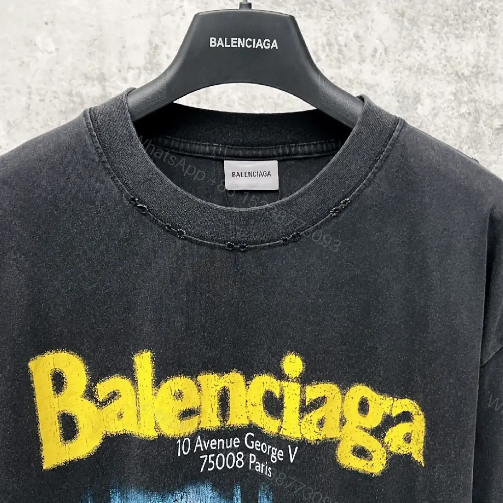 View 6 of Dark Charcoal/Black Oversized Graphic Tee with Yellow Balenciaga Logo