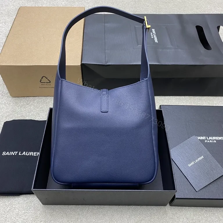 View 4 of Navy Leather Shoulder Bag: Structured Luxe with Gold-YSL Hardware