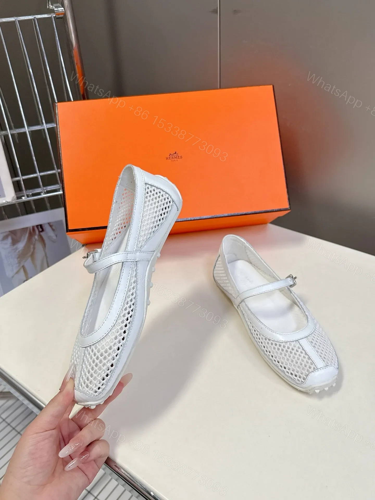 View 3 of Hermes Women White Mesh Leather Mary Jane Flats