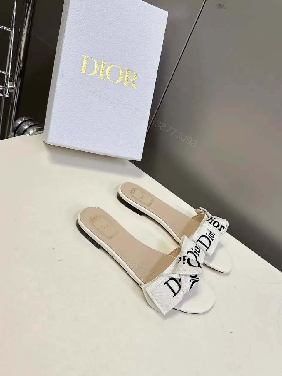 View 3 of White Satin Dior-Logo Slide Sandals