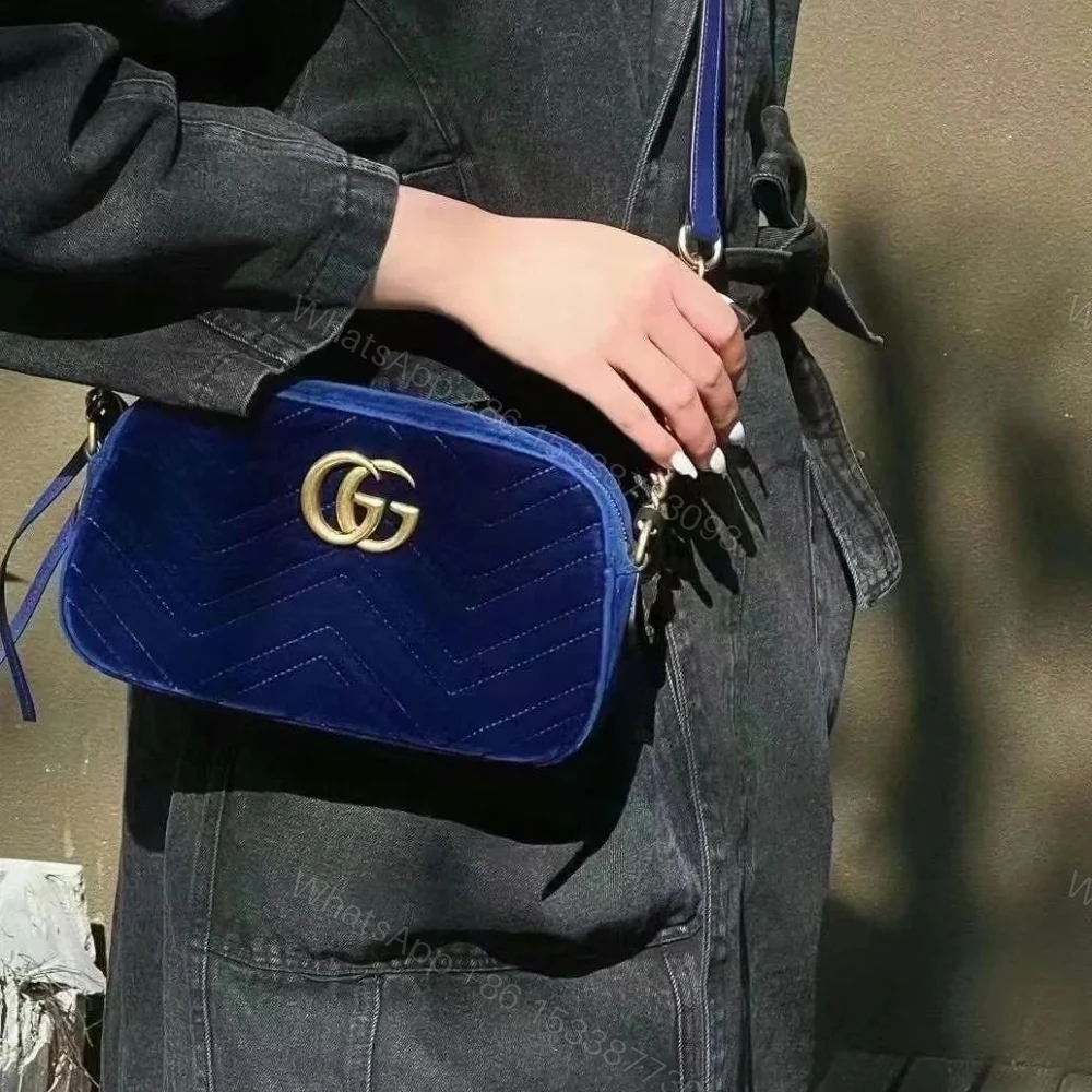 View 3 of Gucci GG Marmont Small Camera Bag Velvet Dark Blue 23Cm