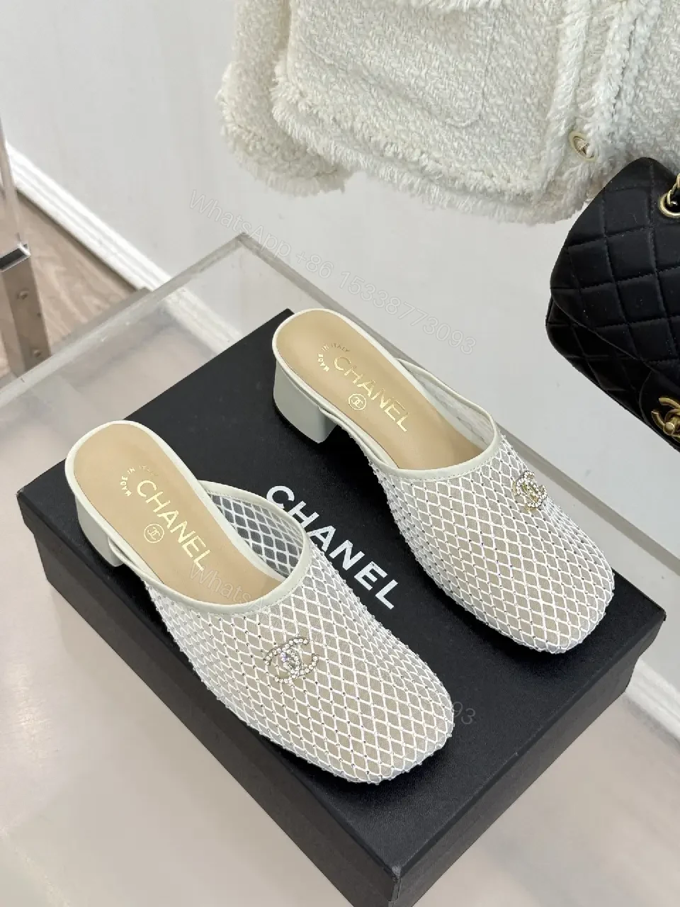 View 9 of White Mesh Mules Silver Heel Classic Chanel Style Slippers