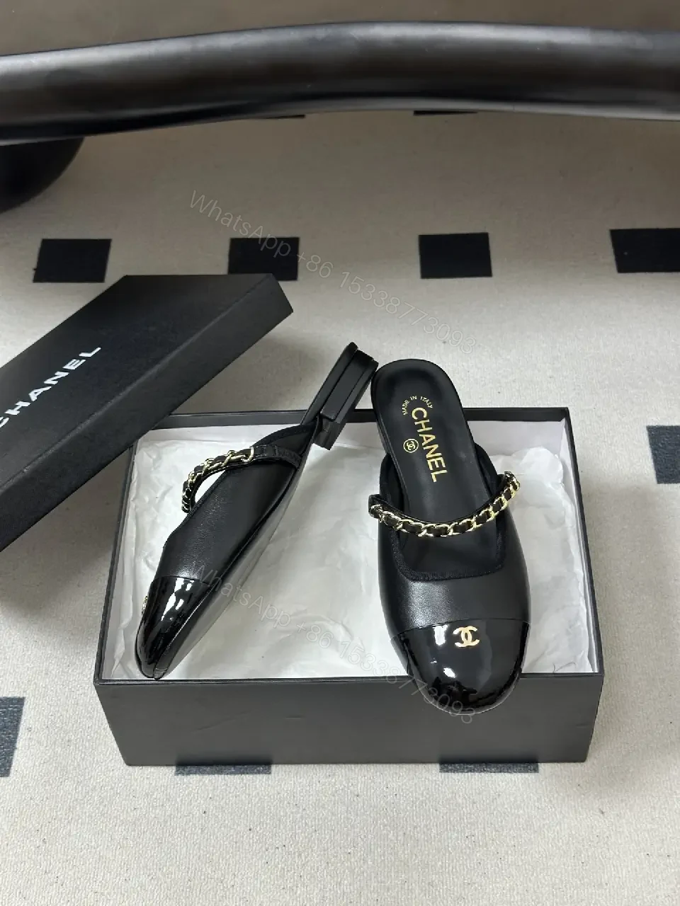 View 5 of Black Leather Flat Mules Chain-Detail Chanel-Style Slippers