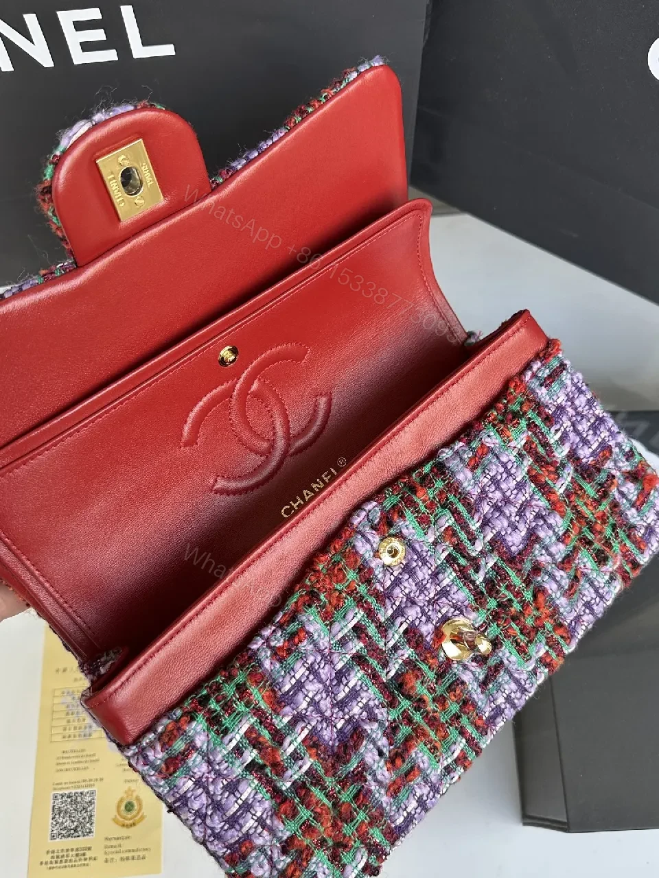 View 9 of Chic Textured Tweed Shoulder Bag with Gold Charm